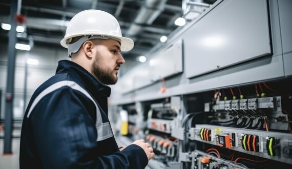 European technician in a gray working outfit by the modern commercial building fixing fire-safety system, make it a real picture --ar 3:2 --style raw --v 5.2 Job ID: dacb77c9-fc60-45fe-bd77-7d440621d733